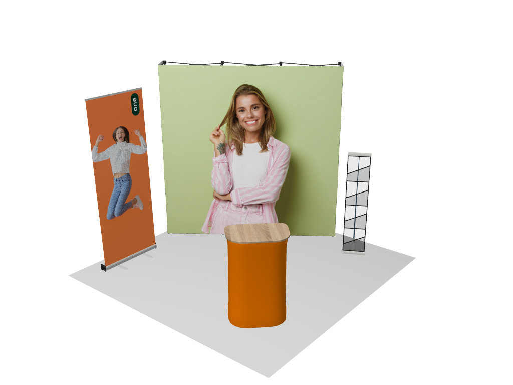 Kit d’exposition tout-en-un configuré avec mur d’image, roll-up, comptoir et porte-documents